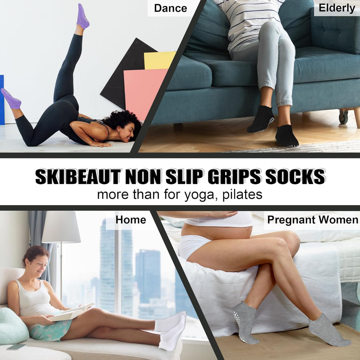 Grips Non Slip Socks for Women, 4 Pairs Yoga Pilates Anti Skid Woman Hospital Gripper Socks (5-12)