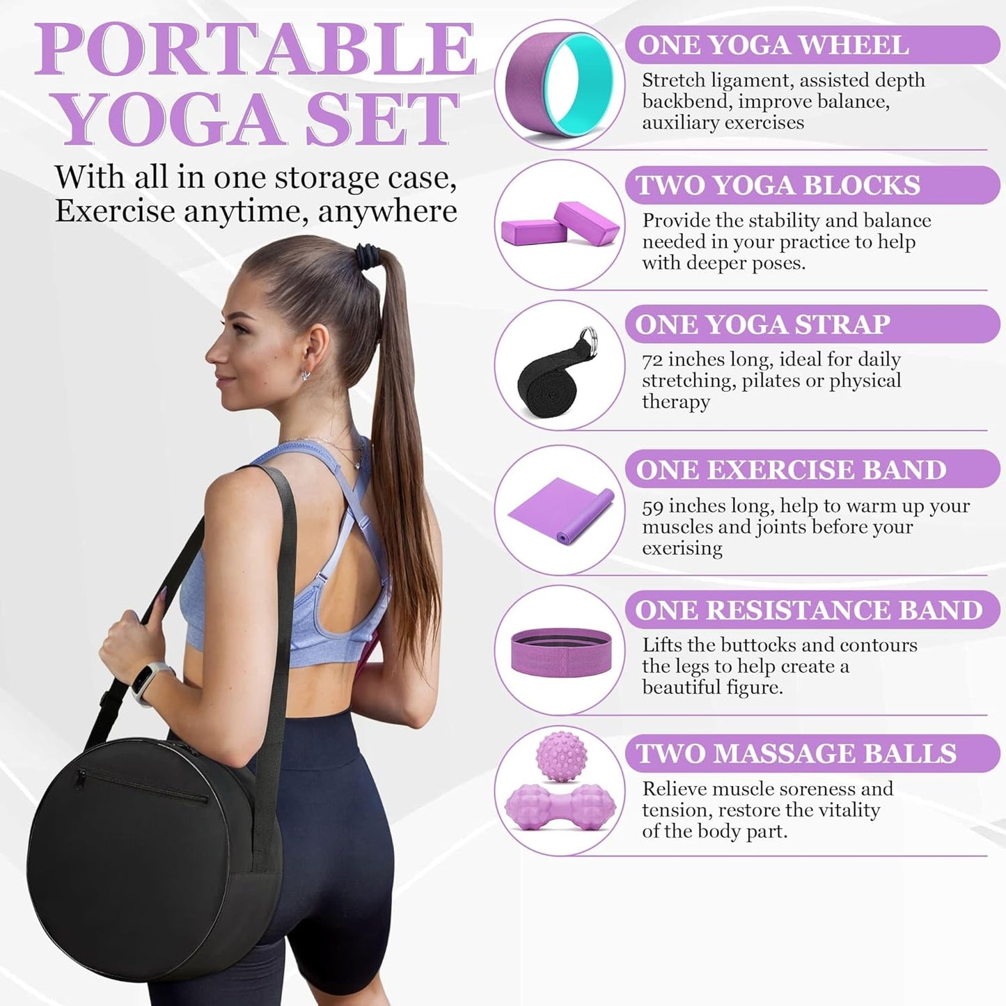 All in One Yoga Wheel Set, Soft Foam Roller Wheel for Back Pain & Stretching, Yoga Blocks 2 Pack with Strap, Trigger Point Therapy Massage Ball for Deep Tissue, Yoga Starter Kit for Beginner