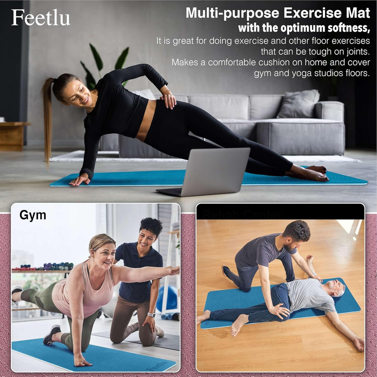 Extra Thick Yoga Mat with Carry Strap, 10mm Non-Slip Exercise Mat, 72 x 24 Inch Cushioned Workout Mat for Yoga, Pilates, Stretching & Floor Exercises