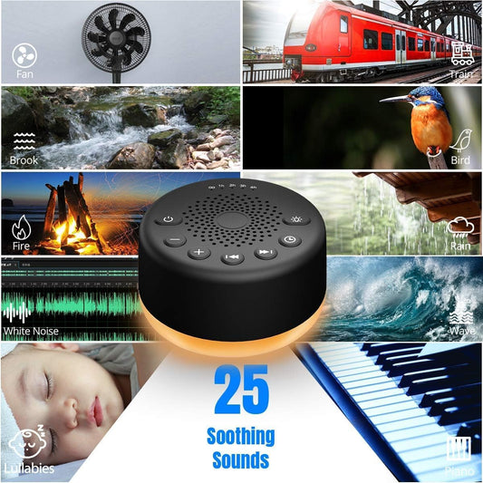 Sound Machine White Noise Machine with 25 Soothing Sounds and Night Lights with Memory Function 32 Levels of Volume and 5 Sleep Timer Powered by AC or USB for Sleeping Relaxation (White)