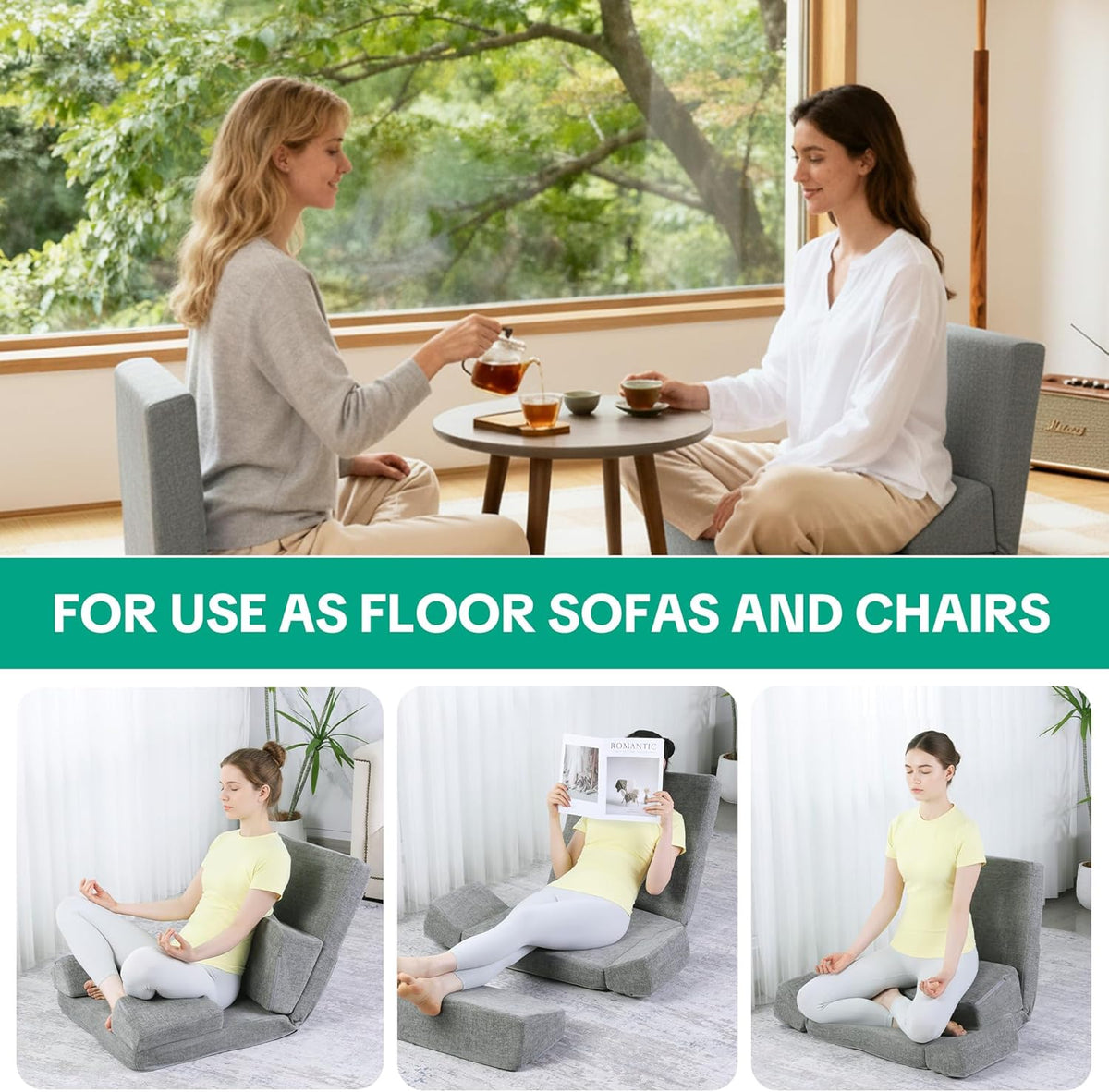 Pro Meditation Cushion Set with Adjustable Back Support, Large 3-in-1 Floor Sitting Chair for Yoga & Meditation, Extra Thick Yoga Pillows for Adults with Knee Support, Grey
