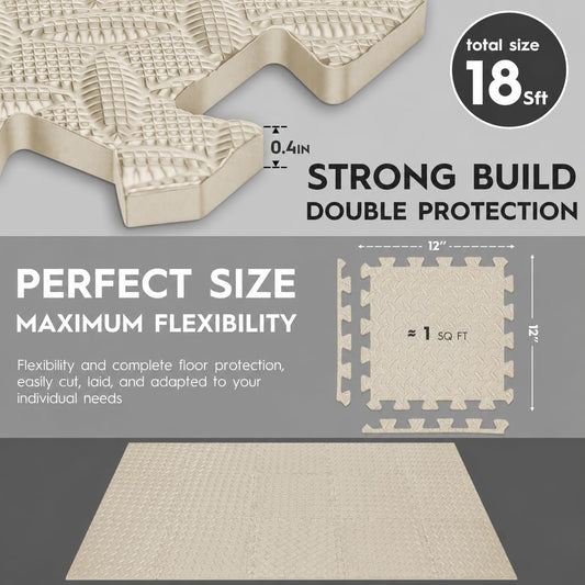 18pcs Puzzle Exercise Mat, 12.6"x12.6"x0.4", 18sqft EVA Interlocking Foam Floor Tiles, Protective, Water-Resistant Flooring for Home Gym & Workout Equipment