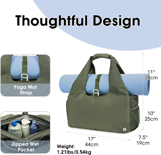Tote Yoga Mat Gym Bag 20L Women W/Shoe Compartment Wet Dry Pocket | Water-Resistant Gym Tote - Mat Strap, Ventilated Shoe Bin, Wet Pocket, Padded Handle, Multi Pockets, Side Mesh & Key Clip