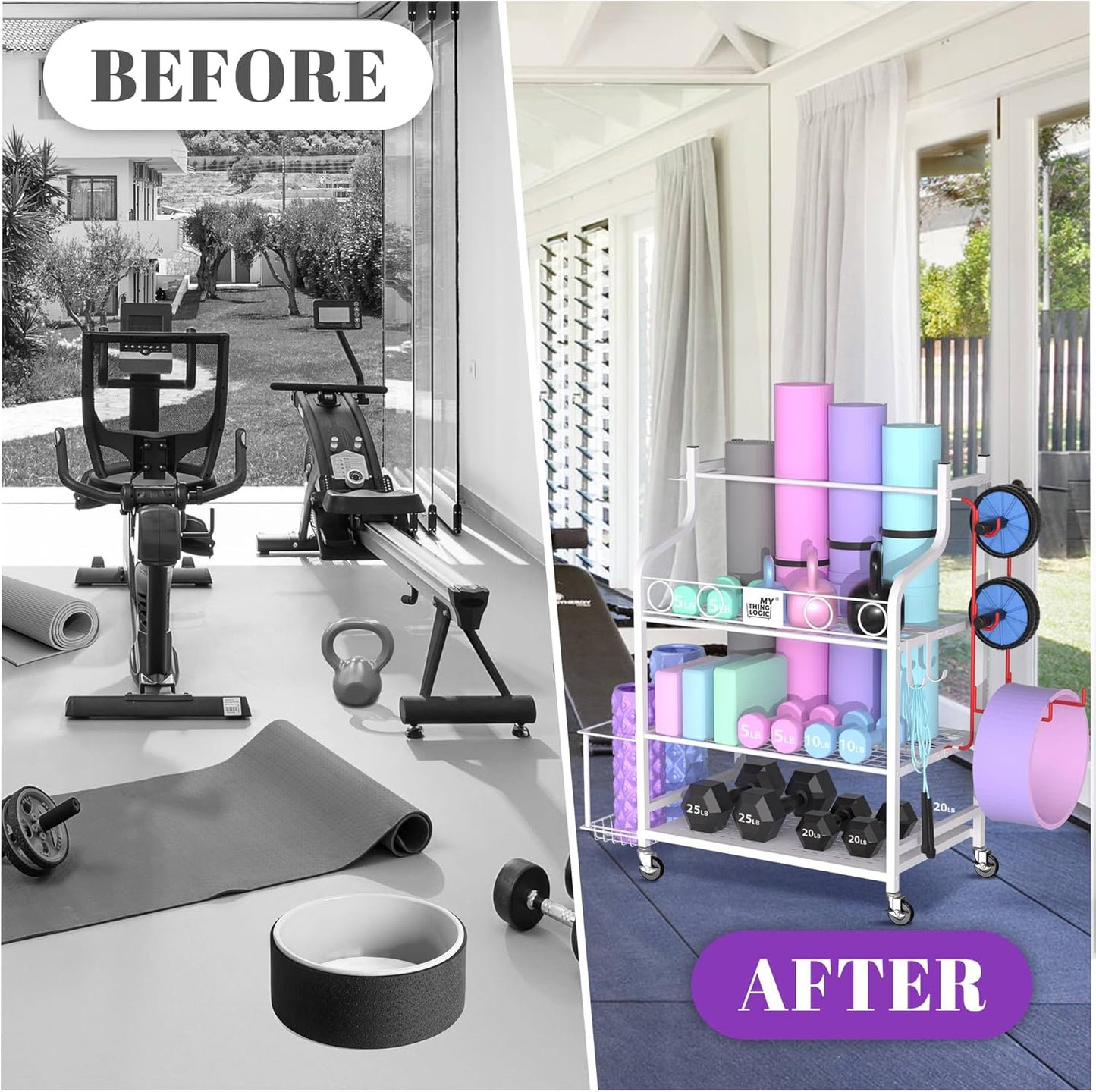 Yoga Mat Storage Racks,Home Gym Storage Rack for Dumbbells Kettlebells Foam Roller, Yoga Strap and Resistance Bands, Workout Equipment Storage Organizer With Hooks and Wheels