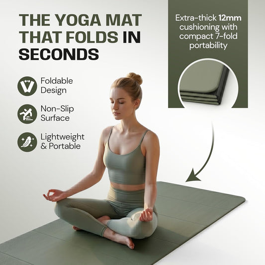 Foldable Yoga Mat, Extra Thick 12mm, 7-Fold, Non-Slip, for Yoga, Pilates, Stretching, HIIT & Home Workout, Green