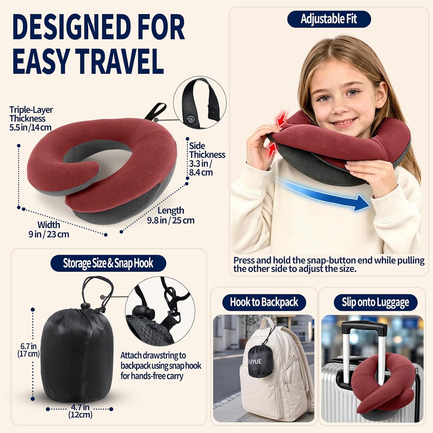 Travel Neck Pillows for Airplanes, Memory Foam 360° Head Support Sleep for Long Flight, Skin-Friendly & Breathable, Kit with Eye Mask, Earplugs and Storage Bag (Adult, Grey, 90+ lbs)