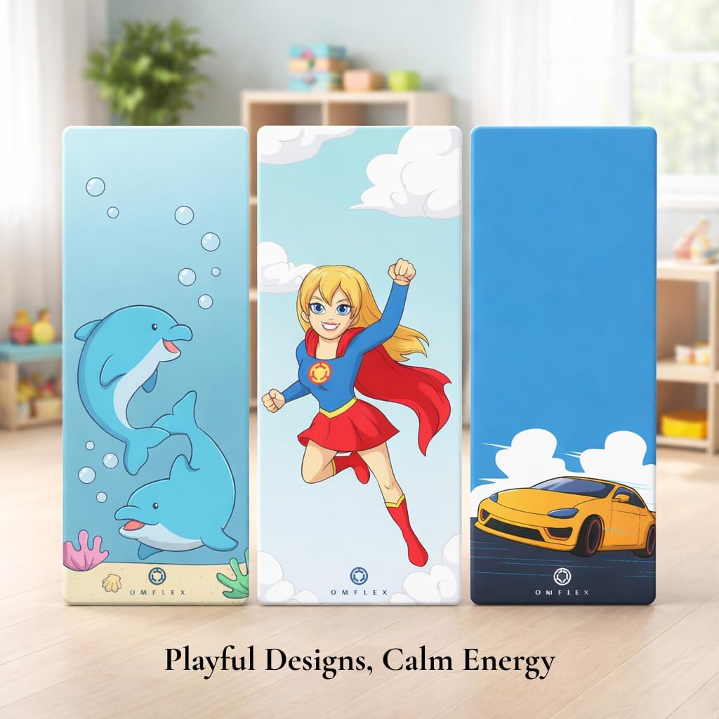 Kids Yoga Mat with Carrying Strap – 60"x24" Non-Slip Premium Exercise Mat for Kids, 3mm Thick Non-Toxic, PVC-Free Play Mat for Children, Dolphin, Car & Supergirl Designs