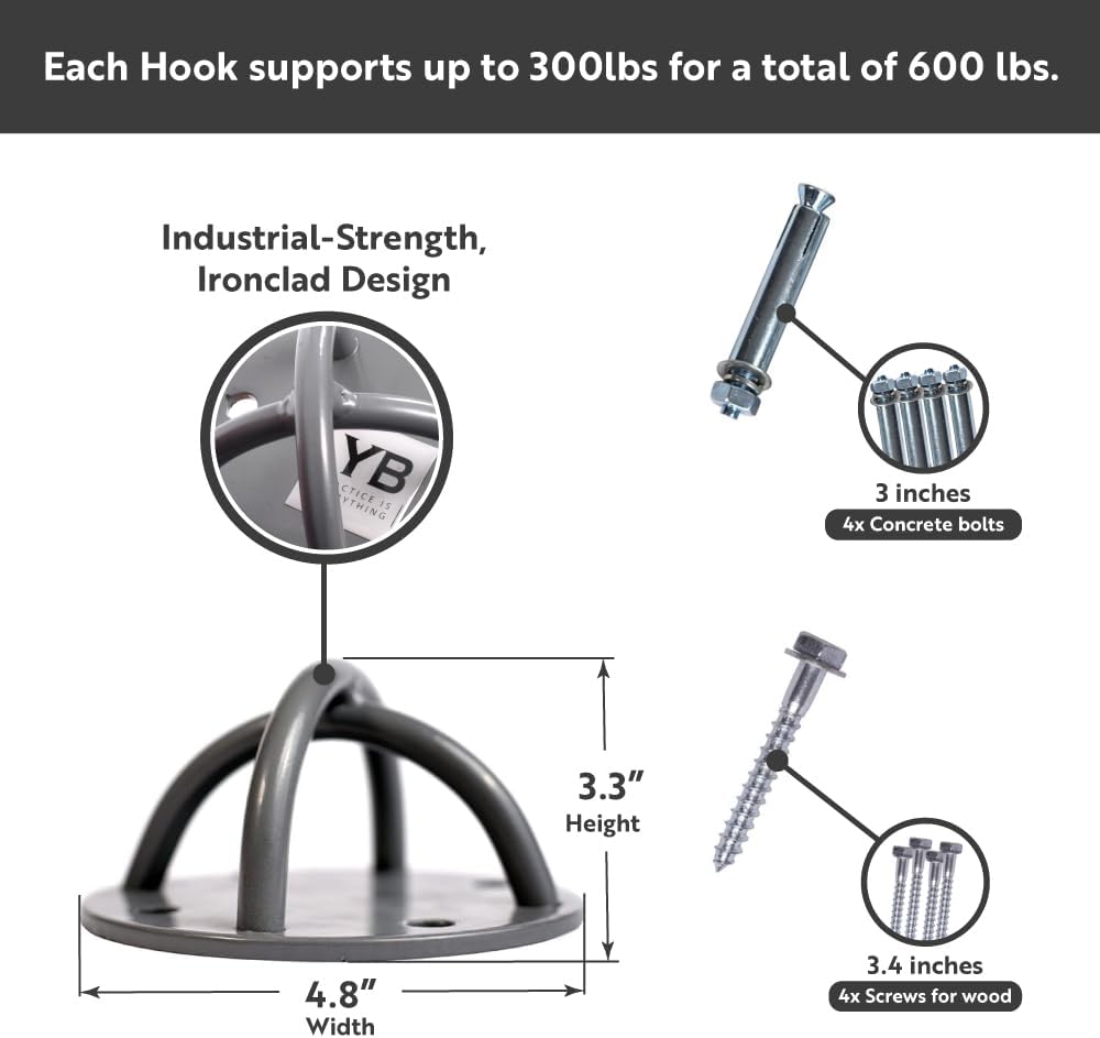Ceiling Hooks - Industrial Strength Hold Up to 600 lbs, Includes Anchors & Bolts Yoga Starter Set - Suitable for Gym Rings, Suspensions, Indoor/Outdoor Use