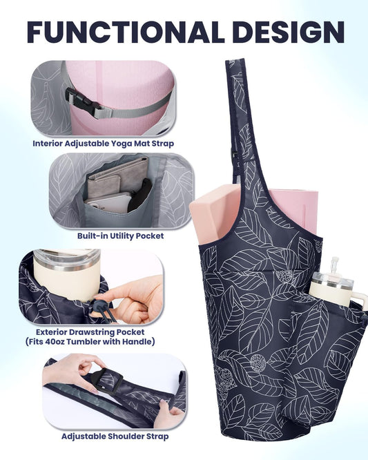 Yoga Mat Bag for Women with 40oz Water Bottle Pocket, Pilates Bag | Large-opening yoga mat carrier, fits most 1/4" & 1/2" yoga mats, adjustable shoulder strap, ideal for gym & workout