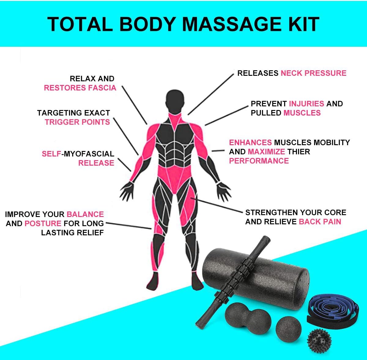 Foam Roller Set - High Density Back Roller, Muscle Roller Stick | Foot Fasciitis Ball, Stretching Strap, Massager Ball for Whole Body Physical Therapy & Exercise, Back Pain, Leg, Deep Tissue