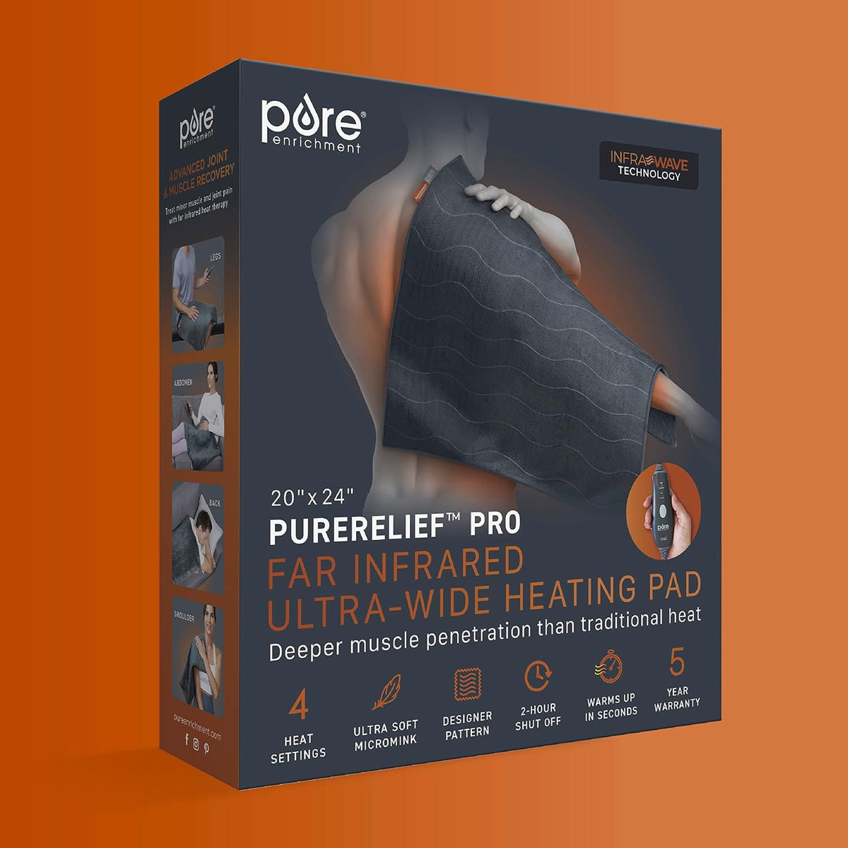 PureRelief Pro Far Infrared XL Heating Pad - Muscle Relief for Back, Neck, Shoulder, & Knee Pain in Athletes, 4 Heat Settings, Dry/Moist Heat, 12” x 24” Extra-Long Size (Iron Gray)