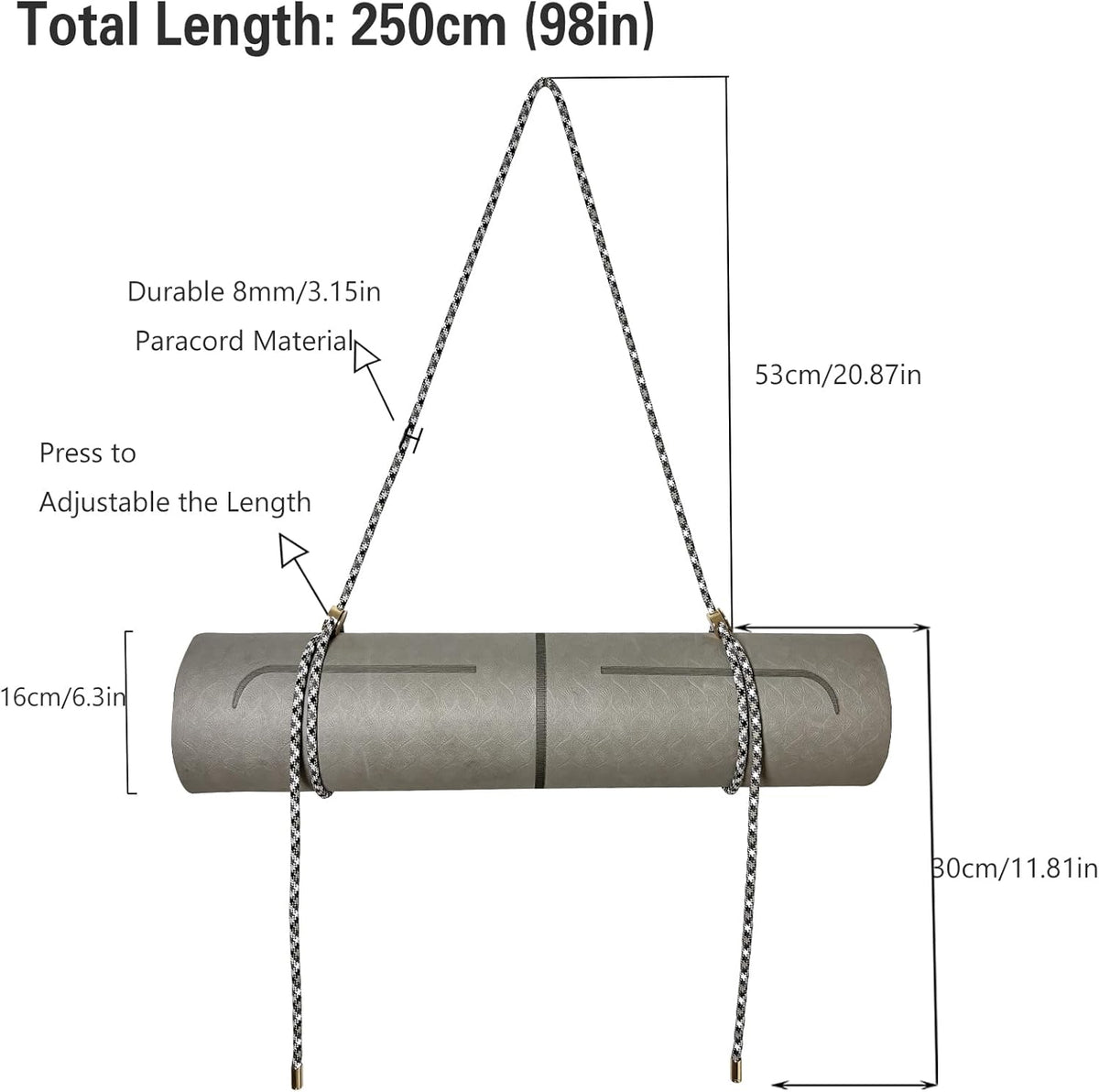 Yoga Mat Strap - 8MM Adjustable Paracord Carrier for Carrying Yoga Mats, Camping Pads & Blankets (Strap Only)
