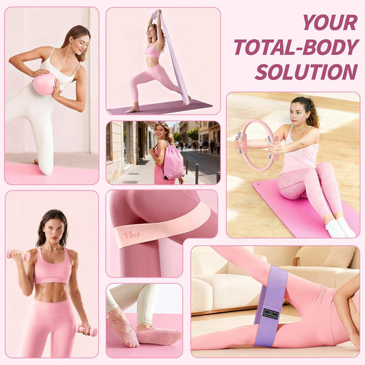 Pilates Kit, Home Pilates Workout Kit for Women, Pilates Equipment with 14.5" Pilates Ring and Ball, Resistance Bands, Dumbbells & Grip Socks for Home Workouts