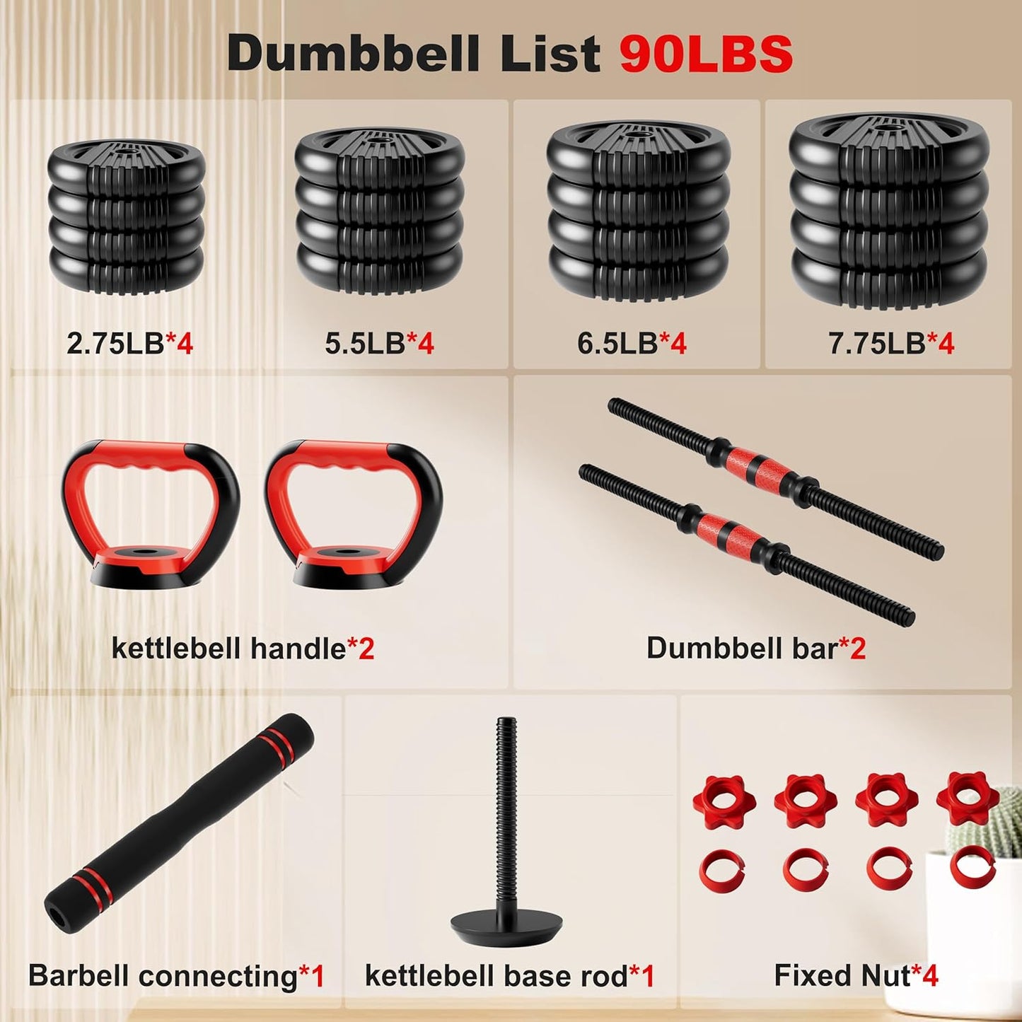 Adjustable Dumbbell Set,20/30/45/70/90lbs Free Weight with Connector | 5 in1 Dumbbells Set Used as Barbell, Kettlebells, Push up Stand,Weight Plate, Fitness Exercises for Home Gym