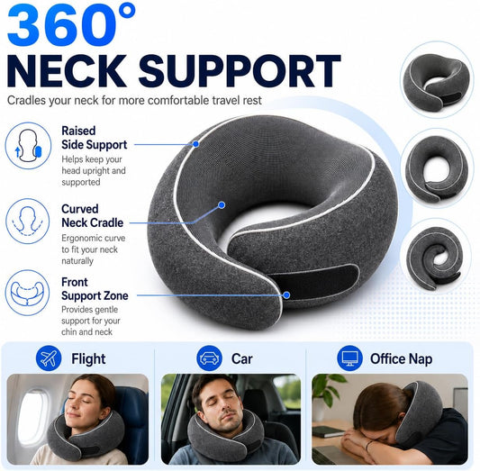 Travel Neck Pillow for Airplanes, Pure Memory Foam Neck Pillow with Washable Cover and Storage Bag, Ergonomic 360° Support for Sleeping, Car, Office, Home, Black