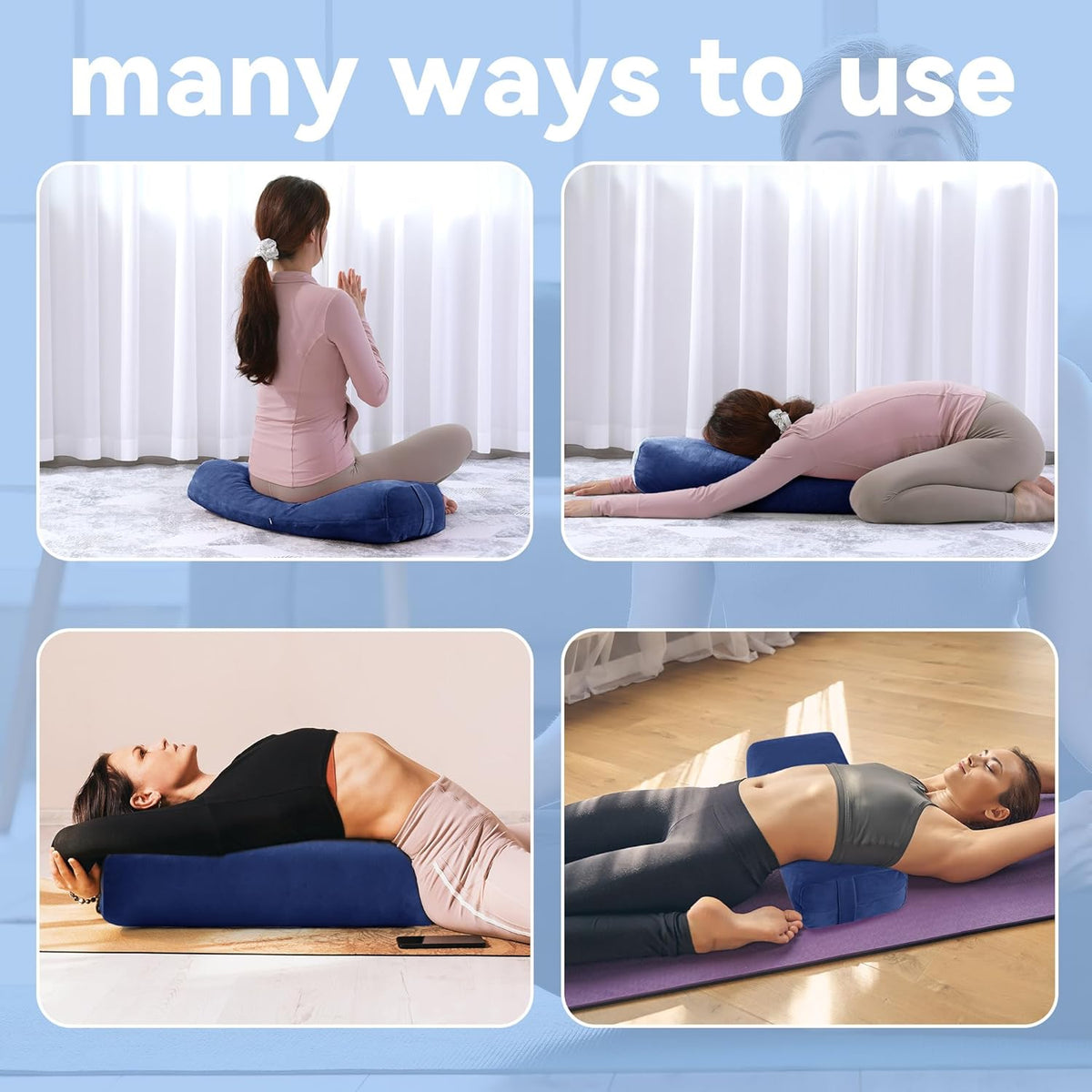 2 Pcs Yoga Bolster Pillow for Restorative Yoga, Rectangular and Cylinder Meditation Pillow Set with Carrying Handles, Supportive Cushion for Exercise Workout Stretching Meditation,Dark Blue