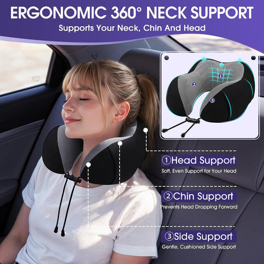 Neck Pillow for Airplanes, Memory Foam Travel Pillow, Black