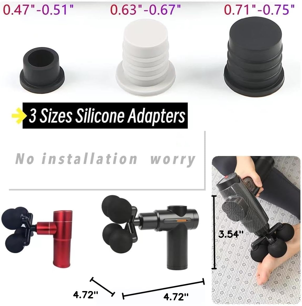 Massager Head with 4 Round Balls Massage Gun Soft Heads Replacement 4 Balls Massage Head with 3 Sizes Silicone Adapters