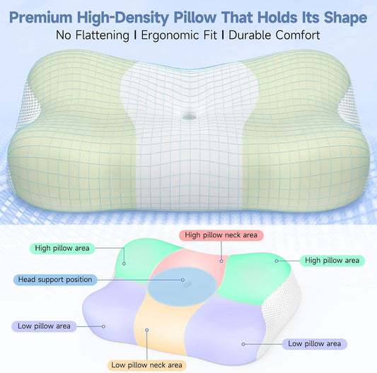 Cervical Neck Pillow Memory Foam Ergonomic Single-Sided High-Low (Green)