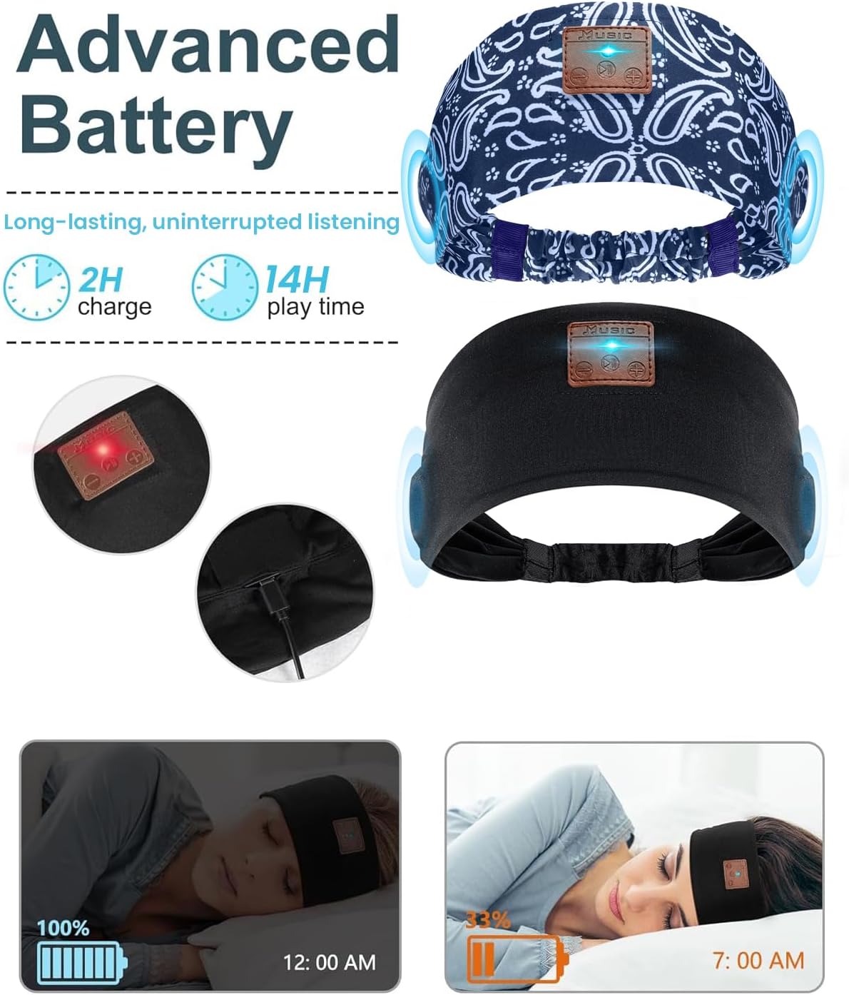 2-Pack Sleeping Headphones, Headband Headphones with Thin Speakers