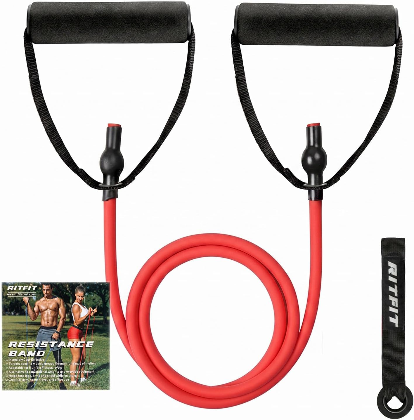 RitFit Single Resistance Exercise Band with Comfortable Handles - Ideal for Physical Therapy, Strength Training, Muscle Toning - Foam Padding Door Anchor and Starter Guide Included
