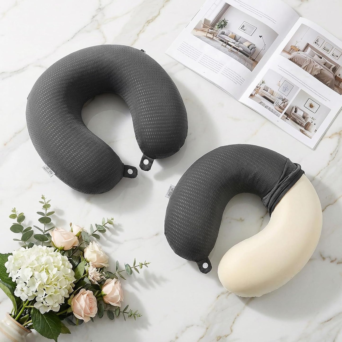 2 PCS U Shaped Travel Pillow Case Cover Ice Silk Neck Pillow Case with Zipper Replacement Airplane Pillow Cover Washable Soft with Double Snap Dark Gray