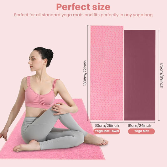 Yoga Towel, Yoga Mat Towel with Grip Dots, Microfiber Yoga Blanket Towels, Soft & Breathable, with Quick Dry Towels and Mesh Carry Bag, for Bikram, Pilates and Workout, 24" x72", Pink