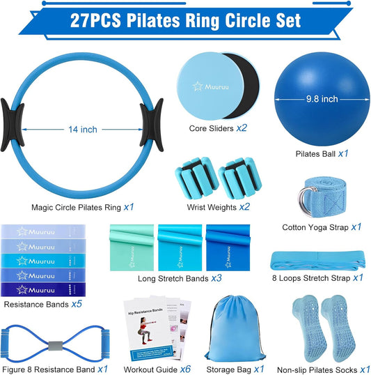 Pilates Equipment Kit for Home Workout, Pilates Ring and Ball Set for Women, 14'' Magic Circle Essentials Accessories Kit, Wrist Weights, Resistance Bands, Yoga Strap, Socks, Bag