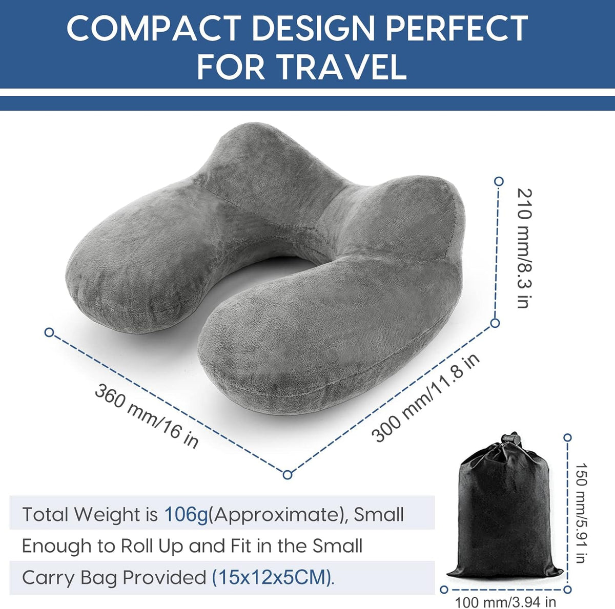 Inflatable Travel Pillow for Airplane Inflatable Neck Pillow for Traveling with Soft Velvet Washable Cover for Sleeping, Airplane,Train, Car, Office, Contoured Eye Masks, Earplugs (Dark Gray)