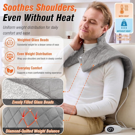Shoulder Heating Pad for Neck and Shoulders and Back, Fathers Gifts for Men Husband, Birthday Gifts for Women Men Her, Weighted Heating Pad for Neck with 9 Heat Options 4 Auto-Off Timer, Grey