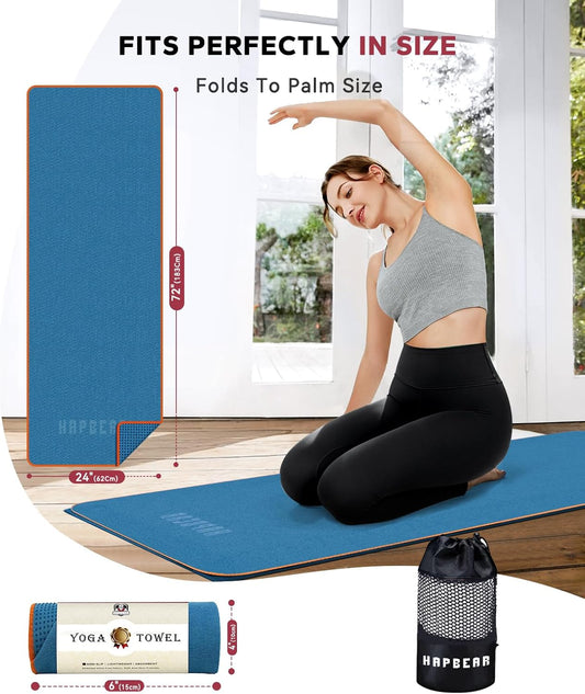 HAPBEAR 2 Pack Hot Yoga Towel with Non-Slip Grip Dots, 72" x 24" - Super Absorbent, Soft Microfiber Yoga Mat Towel for Bikram, Gym, Pilates - Grey