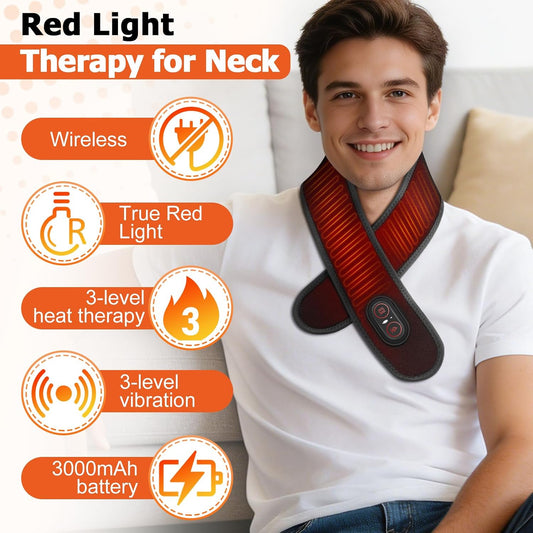 Neck Heating Pad for Pain - Heated Neck Wrap with Electric Massager, Cordless Heating Pad for Neck with 660nm & 850nm Red Light, Heated Neck Brace, 3000mAh, 3 Levels Heat & Massage