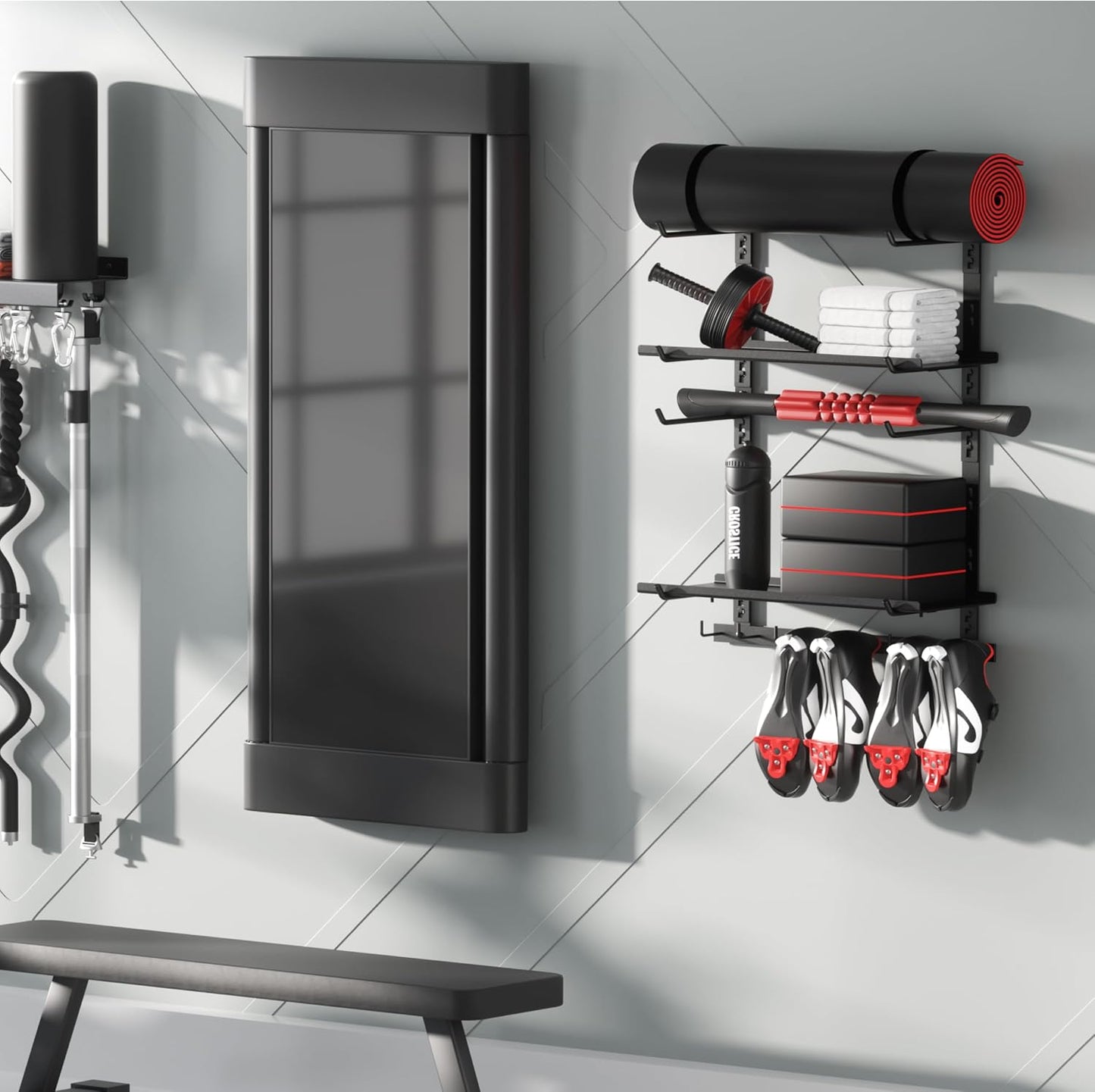 Home Gym Storage Shelf Only, Adjustable Gym Equipment Organizer Wall Mounted with 1 Board, Yoga Mat Holder, Storage Rack Compatible with Peloton Shoes & Mat, Shelf for Home Training Accessories