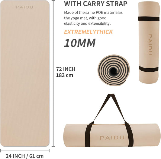 Yoga Mat Non Slip Anti-tear,extra thick-2/5 inch(10MM)High Resiliency Professional POE Yoga Mats for Women Men Kids,72"x24"inch,Workout, Yoga, Pilates and Floor Exercise, with Carrier Strap