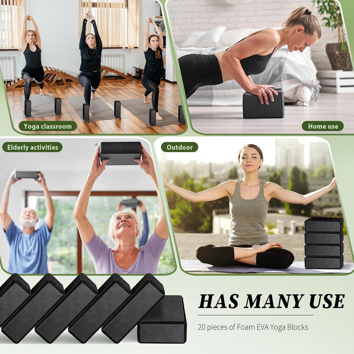 20 Pcs EVA Yoga Blocks Bulk, Non Slip Exercise Brick, Black | Foam Yoga Prop for Pilates Stretching Meditation, Supportive Lightweight Bricks, Women Men Beginners, 20 Pack