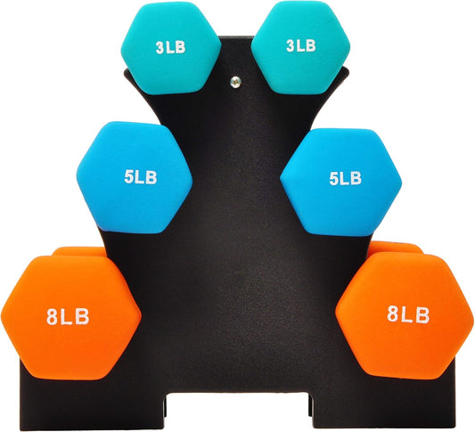 Set of 6 Neoprene Dumbbell Hand Weights, Set with Rack: 3/5/8 Pairs