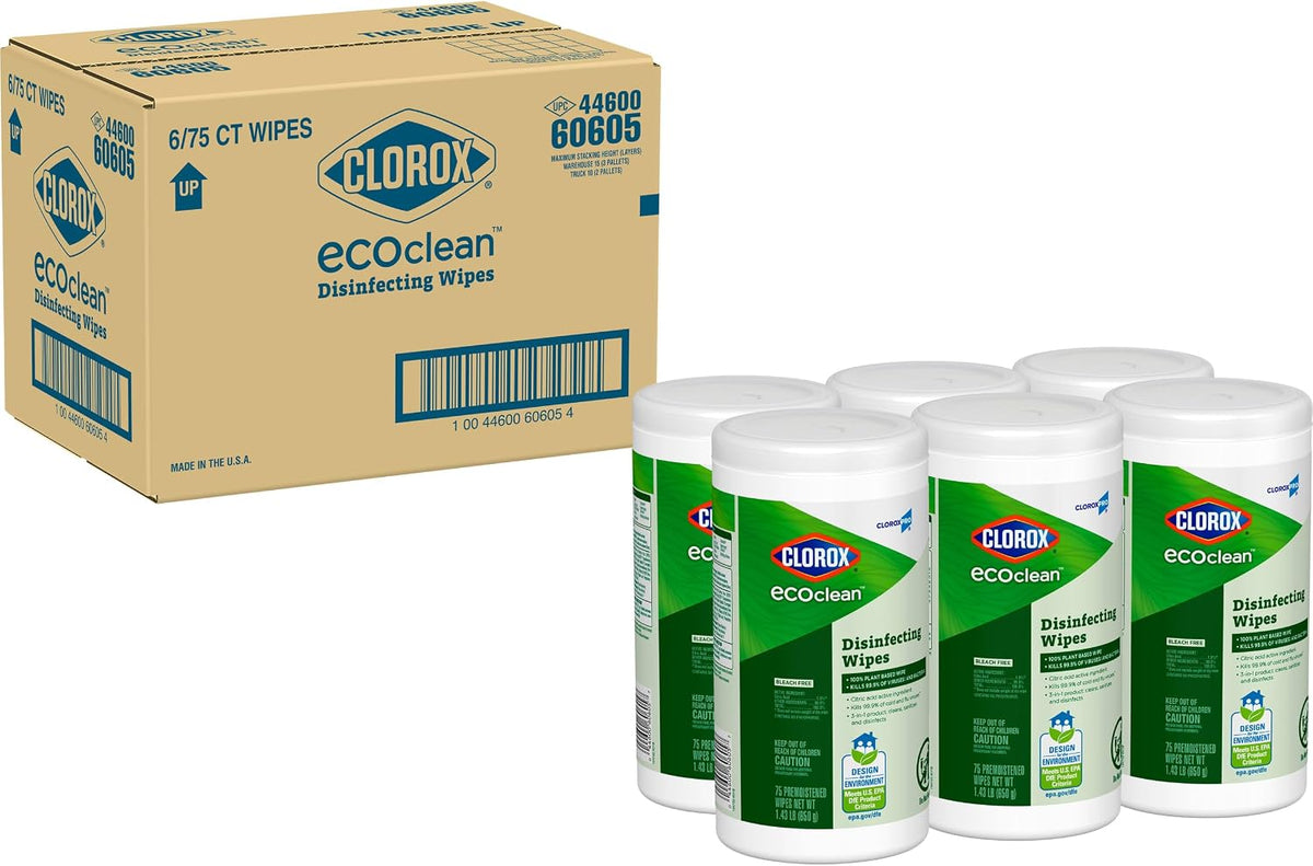 CloroxPro Clorox EcoClean Disinfecting Wipes, Multipurpose 100% Plant Based Cleaning Cloths, Antibacterial Disinfectant, Safe for Multi Surface Use, 75 Count