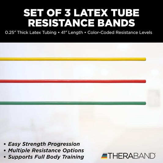 Resistance Tubes, Begginer Set, Yellow, Red, and Green, 5 ft Latex Tubing, Home or Clinic Use, Cut-to-Fit, Color-Coded Resistance Bands for Upper & Lower Body Workouts