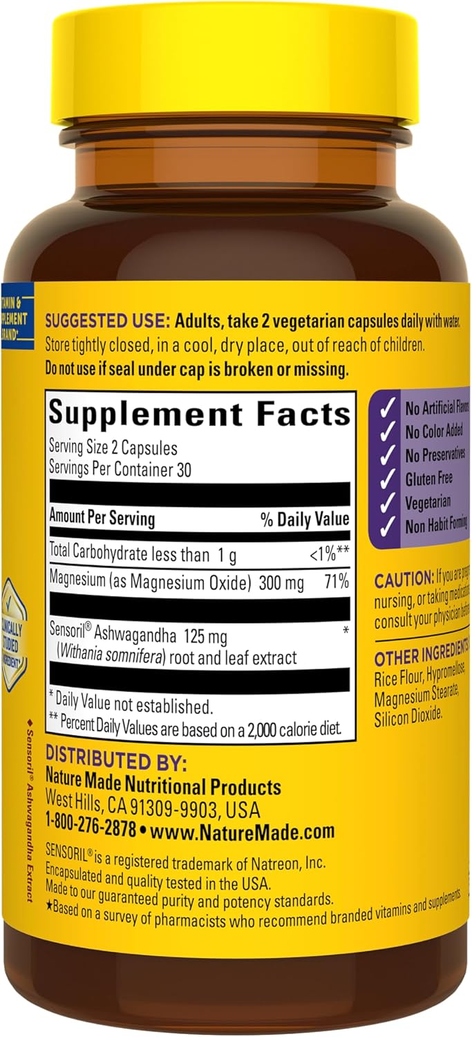 Nature Made Magnesium + Ashwagandha Capsules, 60 Capsules