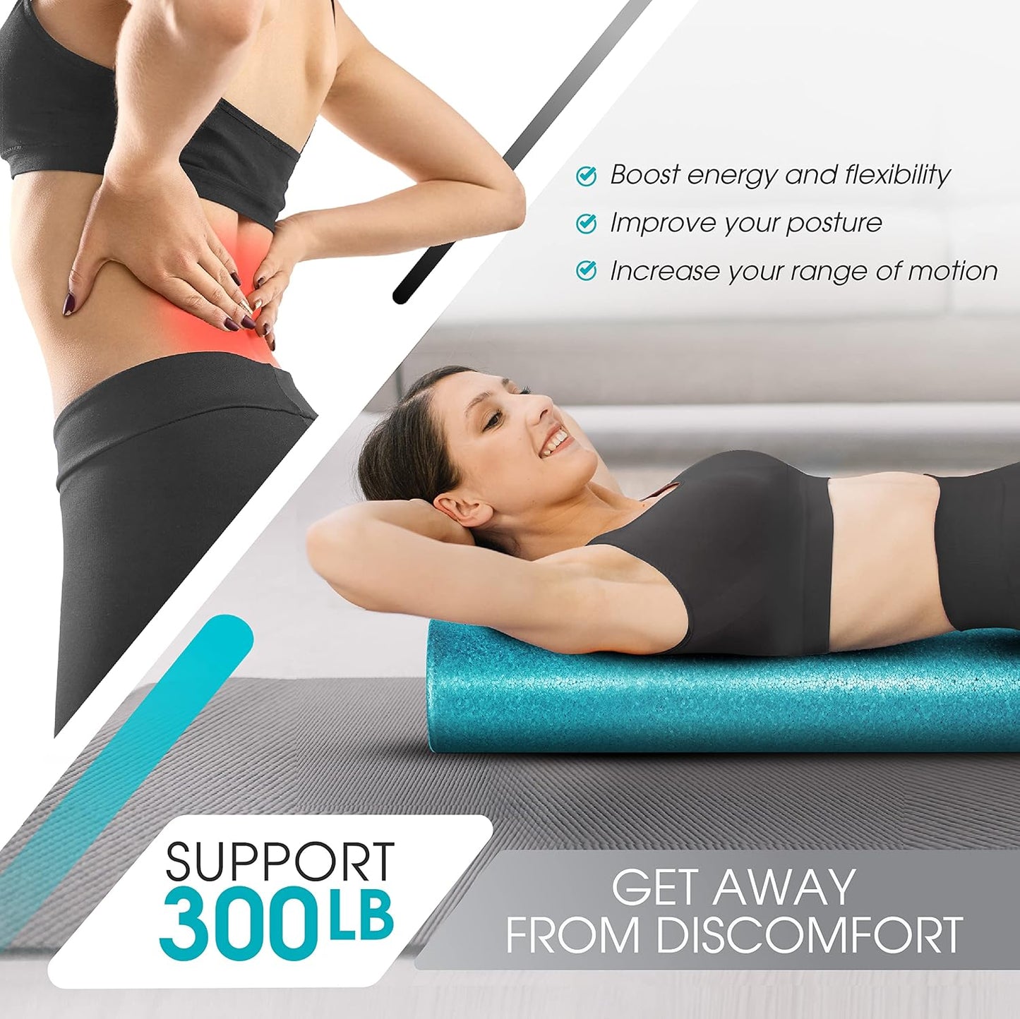 High Density Foam Roller for Back, Variety of Sizes & Colors for Yoga, Pilates - Blue Speckled - 18 Inches