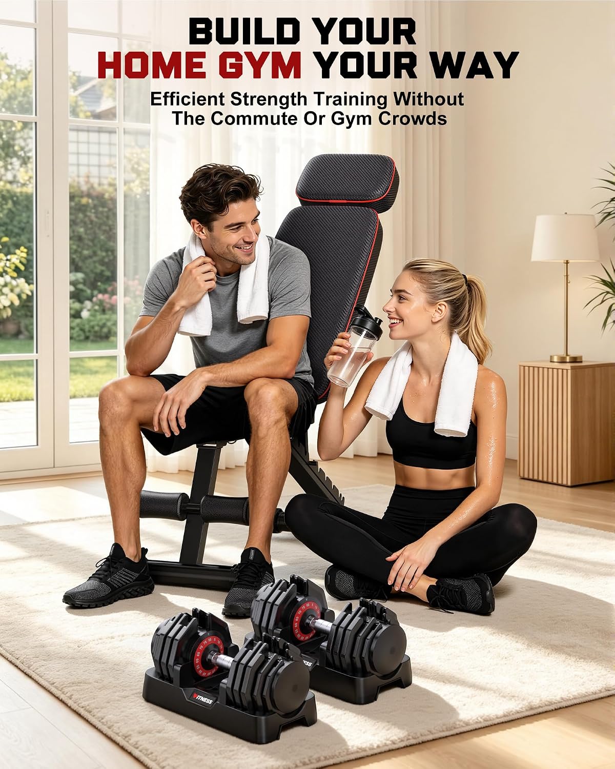 Adjustable Dumbbells Set of 2, 1 Hand Adjustable Weights Dumbbell Set and Workout Bench, 25/55/80lb Pair Weight Set For Home Gym Suit both Men and Women, Compact for Small Space Apartment Room