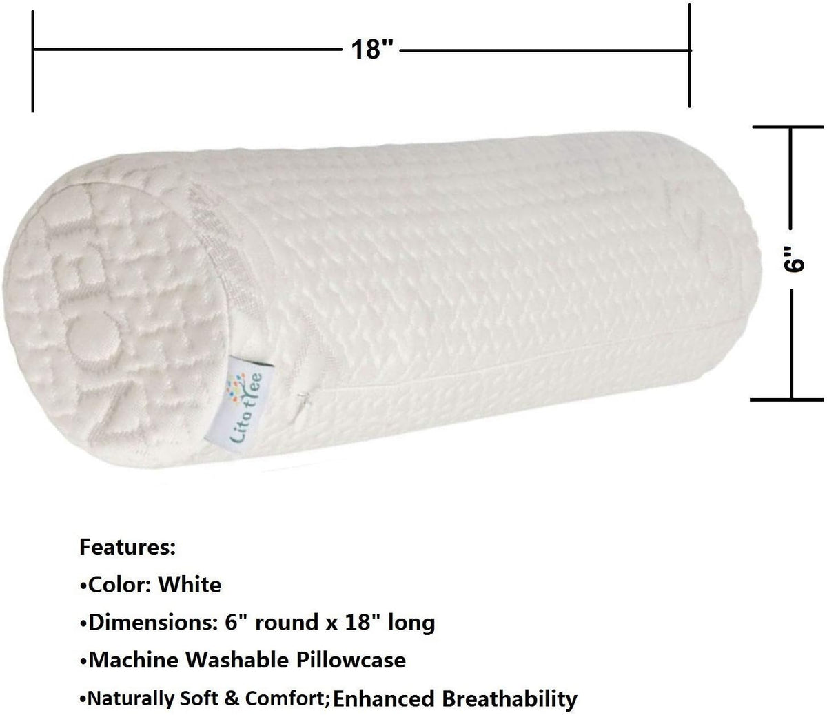 Pillowcase Ultra-Soft Cover for Neck Roll and Cervical Bolster Round Pillow of LitoTree (18x6 inch Pillowcase White) (Pillow case only, Does not Include The Pillow)