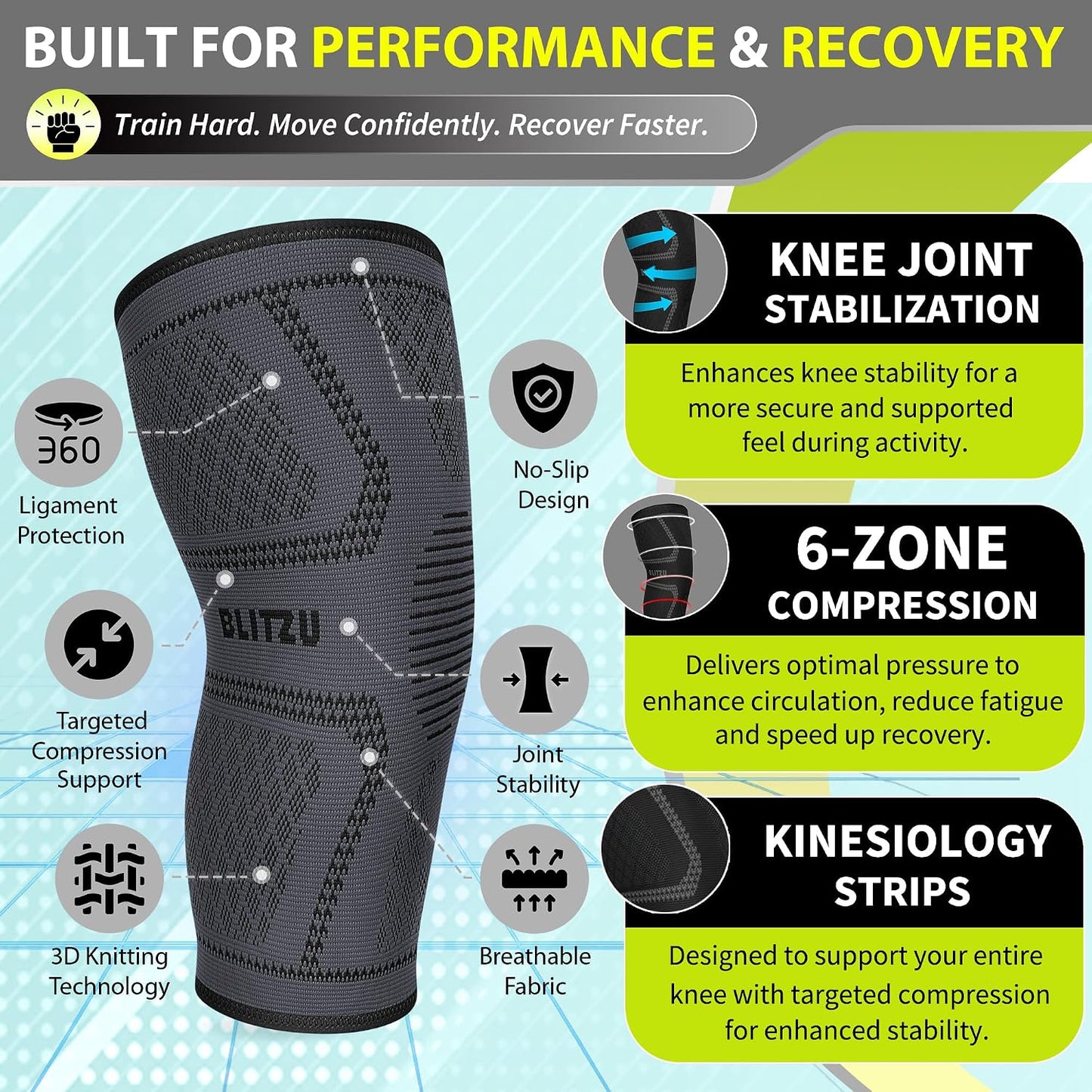 Knee Brace for Meniscus Tear 2 Pack, Knee Compression Sleeve for Men and Women, Knee Support for Arthritis, Swelling, Inflammation, ACL, Pain Relief, Running, Workout, Sports and Recovery Black L