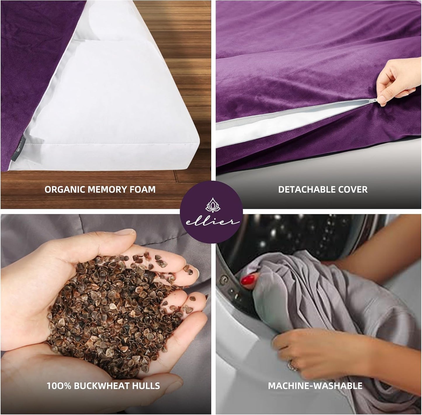 Zafu & Zabuton Meditation Cushion Set - Buckwheat Hull & Memory Foam Pillows, Ergonomic Support for Yoga, Mindfulness - Organic Velvet Cover, Large Size, Purple