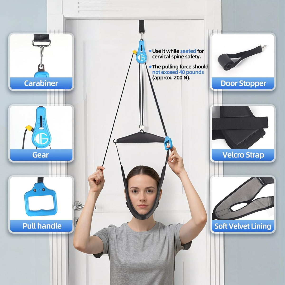 Upgraded Neck Stretcher & Cervical Traction Device with Ratchet System – 50-200N Adjustable Over-Door Traction for Pain Relief & Spinal Decompression, Force-Limited Easy-Release Cord (2026 Ed.)