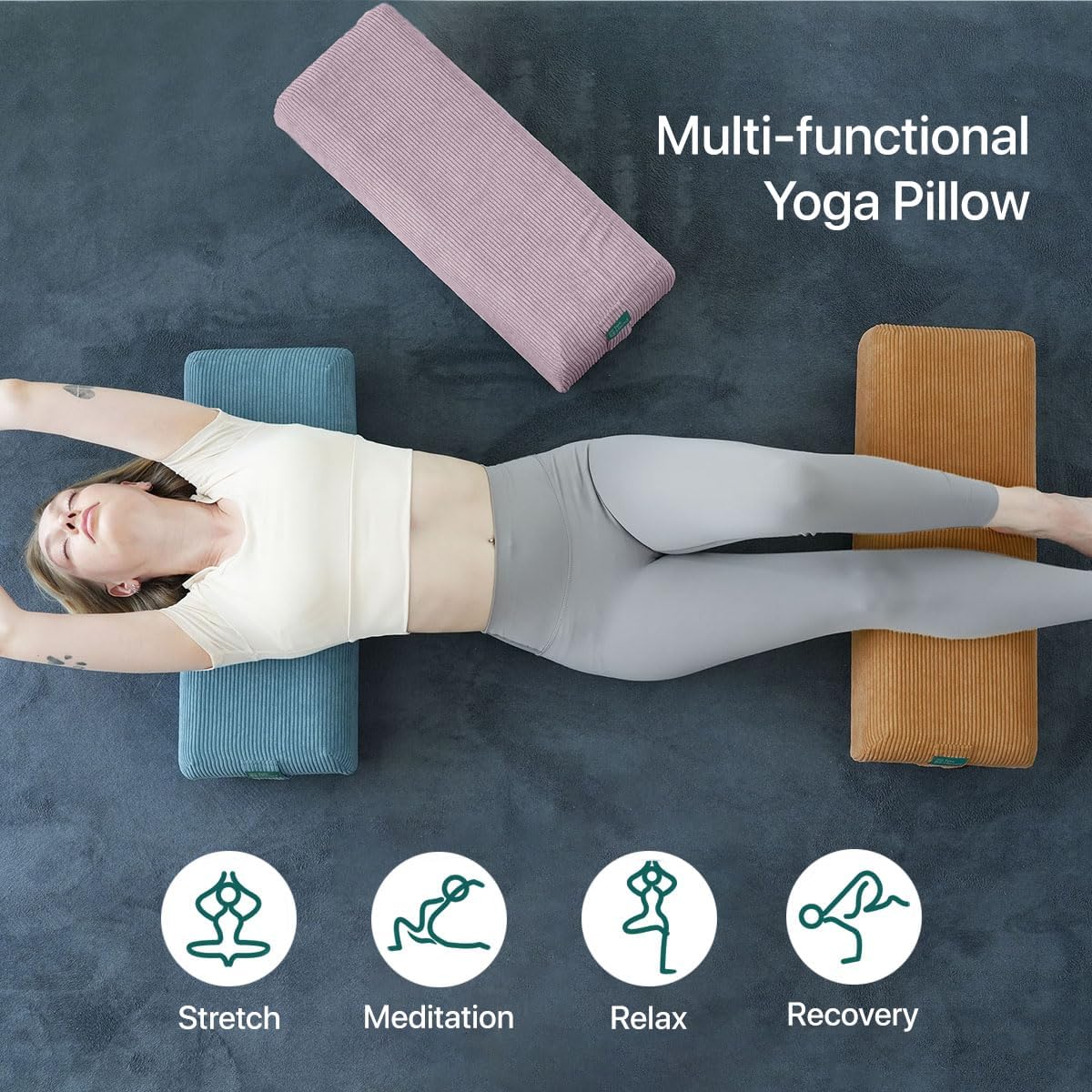 Yoga Bolster Pillow for Meditation and Support - Rectangular Foam Cushion with Removable Corduroy Cover, Machine Washable Suede-like Pillowcase & Convenient Carry Handles for Men Women Purple 1PC