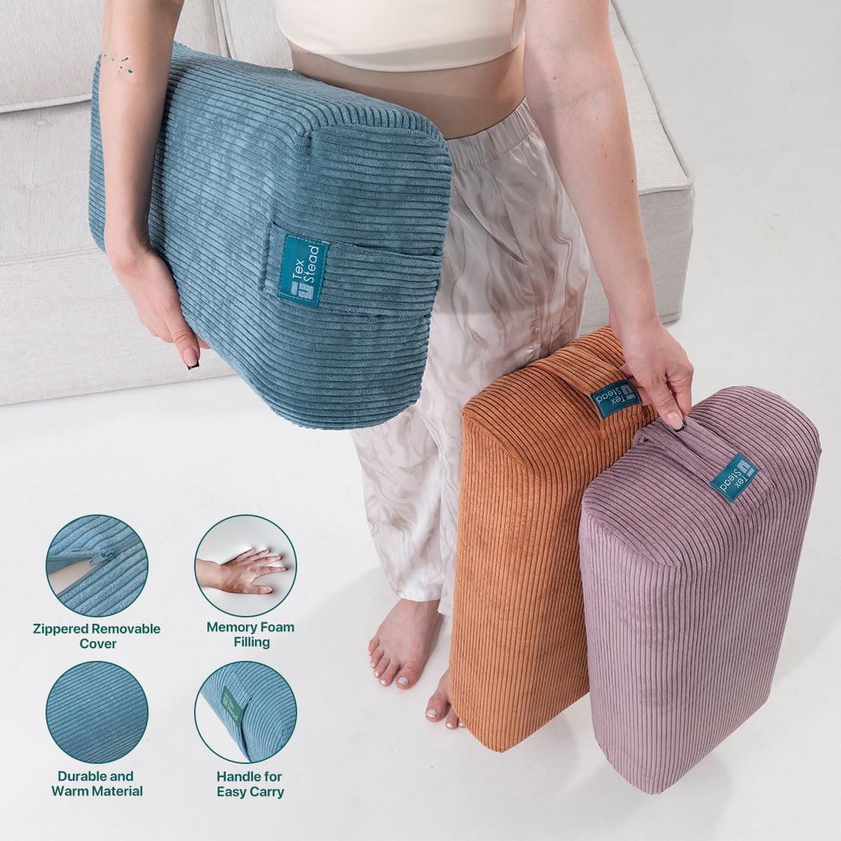 Yoga Bolster Pillow for Meditation and Support - Rectangular Foam Cushion with Removable Corduroy Cover, Machine Washable Suede-like Pillowcase & Convenient Carry Handles for Men Women Purple 1PC