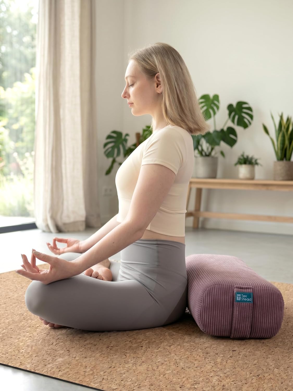 Yoga Bolster Pillow for Meditation and Support - Rectangular Foam Cushion with Removable Corduroy Cover, Machine Washable Suede-like Pillowcase & Convenient Carry Handles for Men Women Purple 1PC