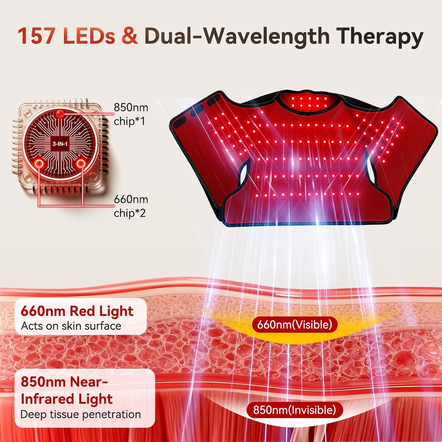 Red Light Therapy for Shoulders and Neck with 157 LEDs, 660nm & 850nm Near Infrared Red Light Therapy Wrap for Upper Back, Cordless Red Light Neck and Shoulder Heating Pad for Men Women
