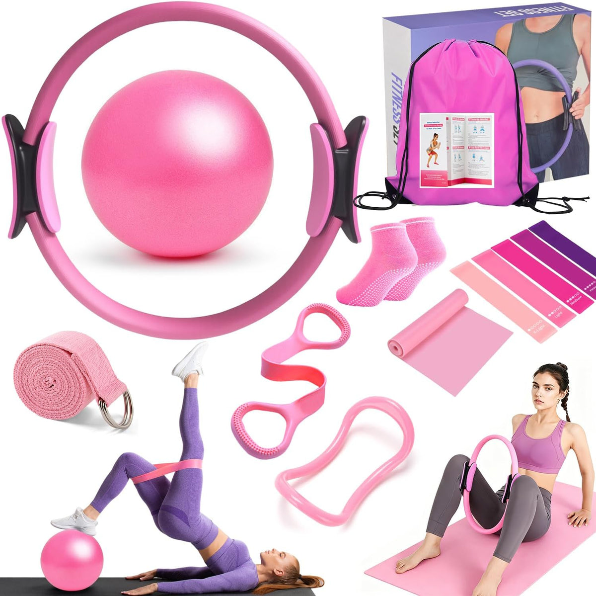 Pilates Ring Equipment Set, Home Pilates Kit for Women with 13’’ Magic Ring with Dual Padded Handles, Small Pilates Ball, 5 Resistance Bands & Complete Fitness Guide, Pilates Essential Accessories